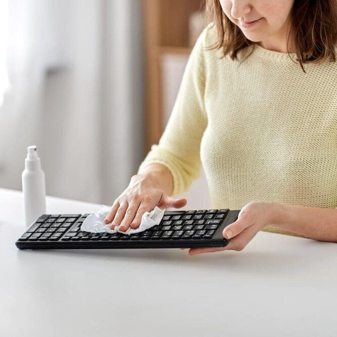 ComputerCleaningTipsCaliforniaComputer Woman wiping computer keyword with cleaning cloth.