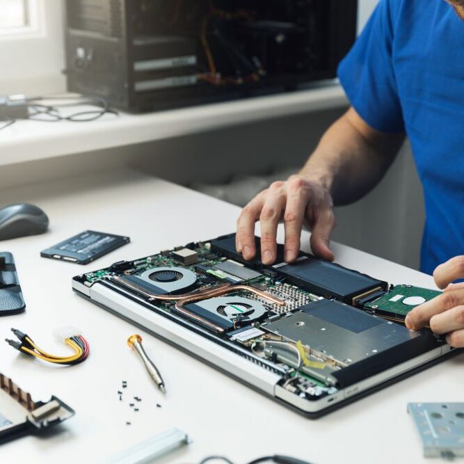 A computer repairman replacing broken parts in a computer.