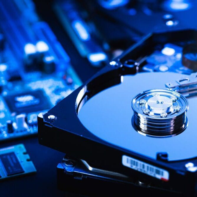 HardDriveDestructionCaliComp Hard disk drive on the technician's desk and a computer motherboard as a component.