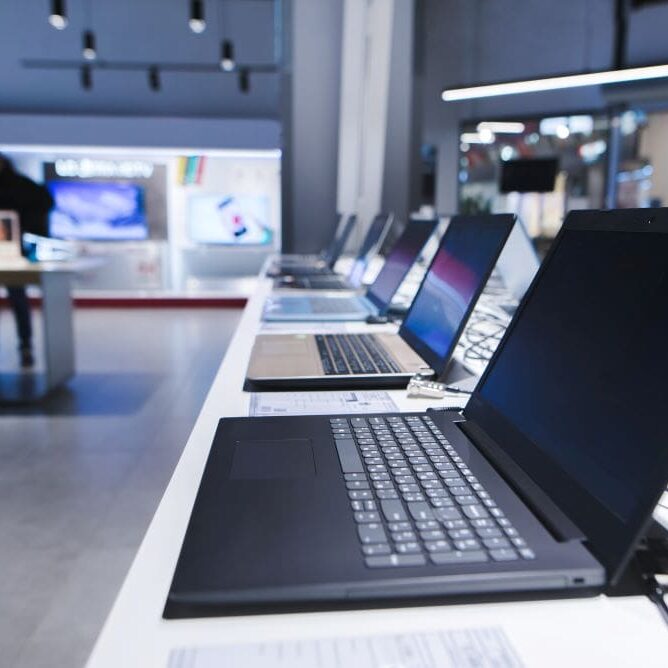 LaptopTradeInAffordableCC Row of premium laptops available at a computer store.