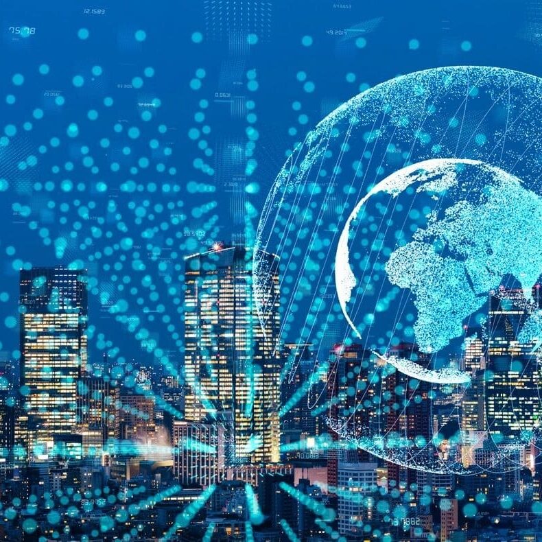 City with World Wide Web Blue Graphic In Front - Digital Display